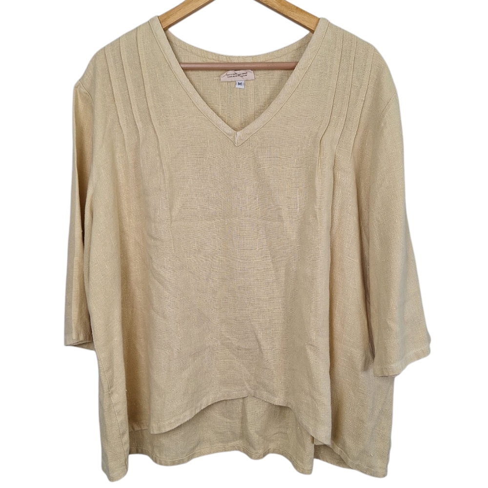 Hearts Desire By Mary Grace Buttery Yellow 100% Linen Pleated Feminine Blouse M
